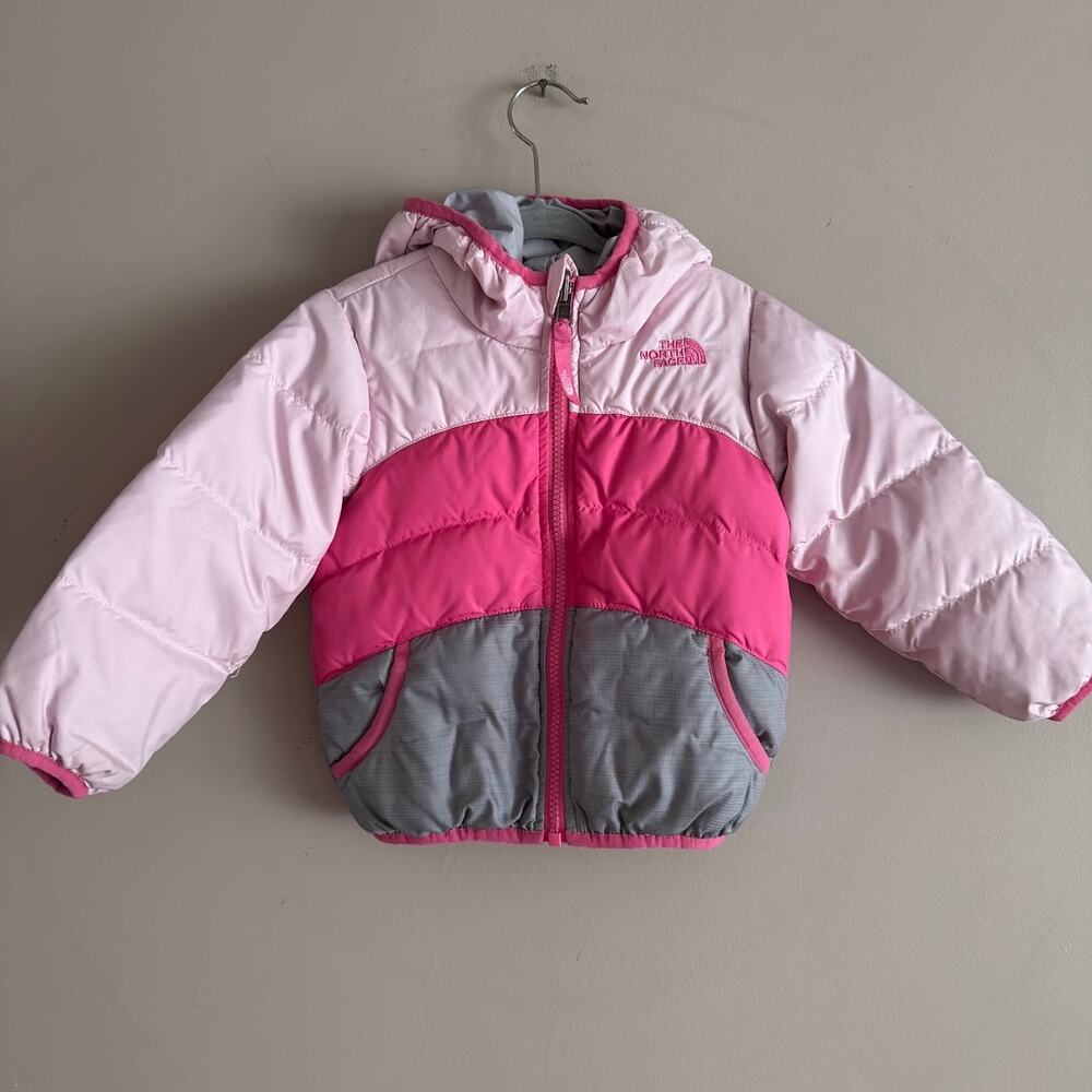 The North Face Pink Gray Reversible Down Puffer Jacket with Hood 2T Toddler Girl